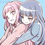  2girls artist_name blue_hair blue_pajamas hug hug_from_behind long_hair magia_record:_mahou_shoujo_madoka_magica_gaiden mahou_shoujo_madoka_magica multiple_girls nanami_yachiyo pajamas pink_hair pink_pajamas striped striped_pajamas studiozombie tamaki_iroha upper_body yuri 