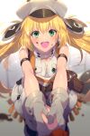  1girl armband artoria_pendragon_(all) artoria_pendragon_(caster)_(fate) bangs bare_shoulders belt belt_buckle blonde_hair blush buckle buttons caren_hortensia_(amor_caren) chocolate chocolate_on_face cis05 commentary_request dress eyebrows_visible_through_hair fate/grand_order fate_(series) food food_on_face gloves green_eyes grey_gloves grey_headwear hair_between_eyes hat holding holding_hands long_hair looking_at_viewer low_twintails nail open_mouth pocket pouch pov sleeveless smile twintails twitter_username very_long_hair white_dress 