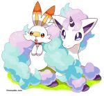  artist_name commentary_request fang galarian_form galarian_ponyta gen_8_pokemon grass highres no_humans open_mouth pokemon pokemon_(creature) rorosuke scorbunny starter_pokemon tongue white_background 