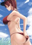  1girl adjusting_clothes adjusting_swimsuit bare_shoulders bikini black_headwear breasts clouds cloudy_sky from_side highres hololive houshou_marine large_breasts nape outdoors red_bikini red_eyes redhead sky swimsuit water_drop wet yamikyon 