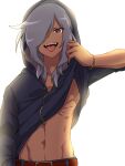 1boy bangs bracelet clothes_lift dark_skin dark_skinned_male grey_hair hair_over_one_eye haizaki_ryouhei highres inazuma_eleven inazuma_eleven_(series) jewelry lifted_by_self long_hair looking_at_viewer male_focus naughty_face open_mouth red_eyes shiroabe shirt shirt_lift simple_background smile toned toned_male tongue tongue_out white_background 