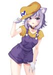  1girl absurdres animal_ear_fluff animal_ears cat_ears cosplay gloves hand_on_own_thigh hat highres hololive looking_at_viewer nekomata_okayu open_mouth overalls purple_hair shirt short_hair short_sleeves simple_background smile solo takashina_taaa thighs violet_eyes virtual_youtuber wario wario_(cosplay) warioware white_background white_gloves yellow_headwear yellow_shirt 