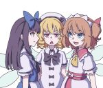  3girls absurdres ascot beret black_bow black_hair black_neckwear blonde_hair blue_bow blue_dress blue_eyes bow bowtie brown_hair closed_mouth commentary_request dress drill_hair eyebrows_behind_hair fairy_wings hair_bow hat highres jitome kame_(kamepan44231) long_hair looking_at_another looking_at_viewer luna_child maid_headdress multiple_girls open_mouth pinafore_dress profile puffy_short_sleeves puffy_sleeves red_bow red_eyes shirt short_hair short_sleeves simple_background smile star_sapphire sunny_milk touhou twin_drills two_side_up upper_body white_background white_dress white_headwear white_shirt wings yellow_eyes yellow_neckwear 
