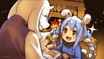  2girls :d ^_^ animal_ear_fluff animal_ears bangs black_eyes blue_hair blue_shirt blush book bow braid breasts bright_pupils bunny-shaped_pupils bunny_tail carrot_hair_ornament closed_eyes commentary_request dress extra_ears eyebrows_visible_through_hair fangs fireplace food_themed_hair_ornament glasses gradient gradient_background hair_bow hair_ornament highres hikosan hololive horns indoors long_hair long_sleeves looking_at_another multicolored_hair multiple_girls no_nose open_book open_mouth orange_background profile purple_dress rabbit_ears shirt sidelocks simple_background skin_fangs small_breasts smile sparkle tail thick_eyebrows toriel twin_braids twintails two-tone_hair undertale upper_body usada_pekora vest virtual_youtuber white_bow white_hair white_pupils wide_sleeves 