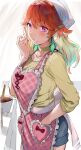  1girl apron breasts chef_hat chocolate cooking denim denim_shorts earrings feather_earrings feathers gradient_hair hat heart hews hololive hololive_english holomyth jewelry long_hair looking_at_viewer medium_breasts multicolored_hair orange_hair shiny shiny_hair shorts solo standing sweatdrop takanashi_kiara virtual_youtuber 