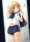  1girl :o ass bangs black_sailor_collar black_skirt blonde_hair blue_shorts blurry blurry_foreground brown_eyes commentary_request depth_of_field eyebrows_visible_through_hair from_behind gym_shorts highres holding holding_clothes holding_skirt indoors locker locker_room long_hair looking_at_viewer looking_back original parted_lips pleated_skirt sailor_collar school_uniform serafuku shibacha shirt short_shorts shorts skirt skirt_removed solo standing white_shirt 