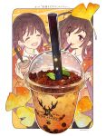  2girls absurdres brown_eyes brown_hair bubble_tea closed_eyes closed_mouth cup disposable_cup drink drinking drinking_straw english_text eyebrows_visible_through_hair food_focus garnish ginkgo_leaf highres holding holding_cup leaf momiji_mao multiple_girls open_mouth original simple_background sparkle translation_request white_background 