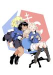  3girls :d andou_(girls_und_panzer) bangs bc_freedom_(emblem) bc_freedom_military_uniform bc_freedom_school_uniform black_dress black_footwear black_hair black_legwear blue_cardigan blue_jacket blue_vest boots brown_eyes cardigan chair commentary_request dark_skin dark-skinned_female dress dress_shirt eating emblem food girls_und_panzer grin half-closed_eyes high_collar highres holding holding_food holding_plate hug hug_from_behind jacket knee_boots loafers long_sleeves looking_to_the_side marie_(girls_und_panzer) medium_hair messy_hair military military_uniform miniskirt mont_blanc_(food) multiple_girls office_chair open_mouth oshida_(girls_und_panzer) partial_commentary pinafore_dress plate pleated_dress pleated_skirt pushing school_uniform shinkuukan_(tetsuo3) shirt shoes short_dress sitting skirt smile socks standing sweater_around_neck uniform vest white_shirt white_skirt 