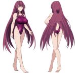  1girl ass breasts commentary_request competition_swimsuit fate/grand_order fate_(series) from_behind full_body highleg highleg_swimsuit highres large_breasts long_hair looking_at_viewer multiple_views one-piece_swimsuit purple_hair purple_swimsuit red_eyes scathach_(fate) scathach_(fate)_(all) standing swimsuit takara_joney thigh_gap very_long_hair white_background 