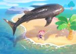  1girl animal_crossing ayumi_(830890) beach blue_eyes clouds coconut coconut_tree day fishing fishing_rod hair_bun highres open_mouth outdoors palm_tree pink_hair sandals shadow shirt shorts signature sky sparkle standing tree villager_(animal_crossing) water whale_shark 