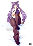  1girl bangs bare_shoulders black_legwear breasts crop_top double_bun feet finger_in_mouth foreshortening full_body genshin_impact hand_on_own_face jadenkaiba keqing_(genshin_impact) long_hair looking_at_viewer medium_breasts midriff no_shoes open_mouth pantyhose purple_hair simple_background solo twintails violet_eyes white_background 