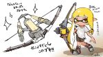  1girl artist_name asymmetrical_hair bangs bike_shorts blonde_hair blunt_bangs bow_(weapon) braid closed_mouth commentary_request domino_mask flat_chest full_body happy highres holding holding_bow_(weapon) holding_weapon inkling leg_up mask multicolored_footwear pointy_ears shiny shiny_hair shirt shoes short_sleeves signature simple_background single_braid sketch smile sparkle splatoon_(series) splatoon_3 standing standing_on_one_leg suction_cups tentacle_hair tentacles tied_hair translation_request twintails weapon white_background white_shirt yellow_eyes yui_megaka 