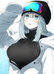  1girl :o beanie black_headwear black_sweater blue_eyes blue_hair blush breasts coat goggles goggles_on_headwear hair_between_eyes hand_up hat huge_breasts long_hair long_sleeves nekoume open_mouth original solo sweat sweater white_coat white_mittens winter_clothes winter_coat 
