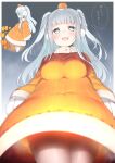  1girl :d blue_eyes blue_hair blurry blurry_foreground blush border breasts cropped_legs dot_nose dress earmuffs food food_on_head from_below fruit fruit_on_head glowing highres large_breasts long_hair long_sleeves looking_at_viewer looking_down mandarin_orange multiple_views nekoume object_on_head open_mouth orange_dress original smile standing translation_request two_side_up white_border white_mittens 