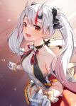  1girl absurdres alternate_costume alternate_hairstyle blush breasts commentary_request gloves hair_between_eyes hair_ribbon highres hololive long_hair looking_at_viewer nakiri_ayame open_mouth red_eyes ribbon silver_hair simple_background small_breasts solo twintails virtual_youtuber 