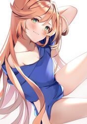  aoi_(kirabosi105) arm_up blue_shirt bottomless clarisse_(granblue_fantasy) granblue_fantasy green_eyes hand_on_own_head highres long_hair looking_at_viewer no_bra orange_hair panties shirt underwear white_panties 