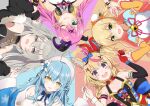  5girls :d absurdres animal_ears blonde_hair blush demon_girl demon_horns elf fox_ears fox_girl highres holding_hands holofive hololive horns lion_ears lion_girl long_hair looking_at_viewer lying mano_aloe momosuzu_nene multiple_girls nogi_(nogi238) omaru_polka on_back open_mouth pink_hair pointy_ears shishiro_botan silver_hair smile virtual_youtuber yukihana_lamy 