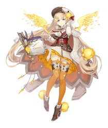  1girl aqua_eyes blonde_hair book breasts cloak corset dress eyebrows_visible_through_hair flower full_body hat ji_no large_breasts long_hair looking_at_viewer official_art petals rapunzel_(sinoalice) sinoalice smile solo thigh-highs transparent_background very_long_hair wings 