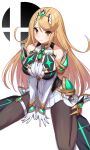  1girl absurdres blonde_hair breasts elbow_gloves gloves green322 highres jewelry large_breasts mythra_(xenoblade) pantyhose solo super_smash_bros. thighs xenoblade_chronicles_(series) xenoblade_chronicles_2 yellow_eyes 
