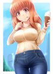 1girl :p bangs blue_pants blue_sky blunt_bangs blurry blurry_background border breasts casual closed_mouth commentary day denim eyebrows_visible_through_hair food food_on_face girls_und_panzer highres holding holding_food ice_cream ice_cream_cone jeans kitayama_miuki large_breasts long_hair long_sleeves looking_at_viewer ooarai_marine_tower orange_eyes orange_hair outdoors outside_border pants ribbed_shirt shirt sky smile solo standing takebe_saori tongue tongue_out upper_body white_border yellow_shirt 