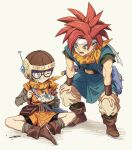  1boy 1girl artist_name bad_id bad_twitter_id bag bangs belt bike_shorts black-framed_eyewear black_belt black_footwear black_shirt black_shorts blue_eyes blue_tunic boots bracer brown_belt brown_headwear butterfly_sitting carrying chrono_trigger crono_(chrono_trigger) glasses grey_shirt grin hands_on_own_knees headband headset helmet holding_screwdriver hosodayo katana leaning_forward long_sleeves looking_at_another lucca_ashtear model_spacecraft one_eye_closed open_mouth orange_bandana orange_tunic pants pouch purple_hair redhead satchel shirt short_hair short_sleeves shorts signature sitting smile spiky_hair standing sword symbol_commentary weapon white_headband white_pants 