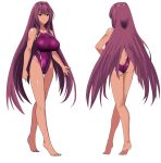  1girl ass breasts competition_swimsuit fate/grand_order fate_(series) from_behind full_body highleg highleg_swimsuit highres large_breasts long_hair looking_at_viewer multiple_views one-piece_swimsuit purple_hair purple_swimsuit red_eyes scathach_(fate) scathach_(fate)_(all) standing swimsuit takara_joney tan thigh_gap very_long_hair white_background 
