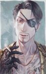  1boy absurdres between_fingers black_eyepatch black_gloves black_hair cigarette eyepatch facial_hair gloves goatee gold_necklace highres irezumi jacket jewelry jiao_mao leather leather_gloves looking_at_viewer majima_gorou necklace one-eyed ryuu_ga_gotoku short_hair snake_tattoo tattoo upper_body 