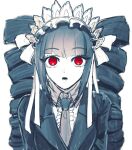  1girl bangs black_hair blunt_bangs bonnet celestia_ludenberg center_frills collared_shirt commentary_request dangan_ronpa:_trigger_happy_havoc dangan_ronpa_(series) drill_hair eyebrows_visible_through_hair frills gothic_lolita gwanlamcha jacket lolita_fashion long_hair long_sleeves looking_at_viewer lower_teeth necktie open_mouth red_eyes shirt simple_background solo spot_color twin_drills twintails upper_body white_background 