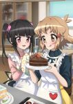  2girls apron black_hair blush brown_eyes brown_hair cake chocolate_cake closed_mouth eyebrows_visible_through_hair food hair_ornament hair_ribbon hairclip highres indoors multiple_girls open_mouth red_eyes ribbon senki_zesshou_symphogear shiny shiny_hair short_hair smile sweater tachibana_hibiki_(symphogear) tongue tongue_out tsukuyomi_shirabe twintails yukitsuba_hina 