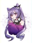  1girl bangs bare_shoulders bow breasts detached_sleeves double_bun eyebrows_visible_through_hair floral_background genshin_impact hair_bow hair_ornament hair_ribbon hands_together highres kenouo keqing_(genshin_impact) long_hair looking_at_viewer medium_breasts open_mouth purple_hair ribbon scarf simple_background solo sweater twintails violet_eyes white_background 