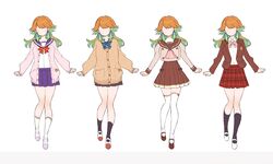  1girl alternate_costume beige_cardigan blazer brown_jacket brown_skirt cardigan chino_machiko clenched_hands collared_shirt faceless faceless_female gradient_hair green_hair hololive hololive_english jacket miniskirt multicolored_hair official_art orange_hair pink_cardigan pink_skirt production_art sailor_collar school_uniform serafuku shirt skirt takanashi_kiara thigh-highs variations virtual_youtuber white_background 