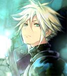  1boy armor blonde_hair closed_mouth cloud_strife earrings final_fantasy final_fantasy_vii final_fantasy_vii_remake green_eyes hair_between_eyes head_tilt holding holding_sword holding_weapon huge_weapon jewelry kuga_tsukasa looking_at_viewer male_focus over_shoulder short_hair shoulder_armor solo spaulders stud_earrings sword upper_body weapon weapon_over_shoulder 