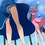  3girls arm_up blue_shorts blue_skirt blue_sky clouds day dress grey_panties hanadera_nodoka haruyama_kazunori healin&#039;_good_precure hiramitsu_hinata legs multiple_girls panties pantyshot pink_dress pink_panties precure redhead sawaizumi_chiyu short_hair shorts skirt sky standing underwear upskirt 