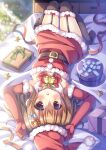  1girl :d absurdres arms_up bangs bed bell belt belt_buckle black_belt black_legwear blurry blurry_background blush bow box breasts brown_eyes brown_hair buckle christmas christmas_ornaments christmas_tree commentary_request depth_of_field dress elbow_gloves eyebrows_visible_through_hair fur-trimmed_gloves fur-trimmed_headwear fur-trimmed_legwear fur_trim garter_straps gift gift_box gloves hair_between_eyes hat highres kouta. long_hair looking_at_viewer medium_breasts no_shoes on_bed open_mouth original red_bow red_dress red_gloves red_headwear santa_costume santa_hat smile solo star_(symbol) strapless strapless_dress thigh-highs 