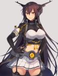  1girl black_gloves breasts brown_hair elbow_gloves garter_belt gloves hair_between_eyes hands_on_hips highres kantai_collection kasumi_(skchkko) large_breasts long_hair looking_at_viewer midriff miniskirt nagato_(kancolle) navel parted_lips partially_fingerless_gloves puffy_short_sleeves puffy_sleeves red_eyes short_sleeves skirt smile solo tassel thigh-highs very_long_hair white_skirt zettai_ryouiki 