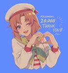  1girl :d ;d bangs blue_background blue_eyes brown_hair commentary_request cropped_torso dated english_text hands_up hat heart heart_hands higurashi_no_naku_koro_ni long_sleeves looking_at_viewer milestone_celebration neckerchief noriuma one_eye_closed open_clothes open_mouth open_shirt puffy_long_sleeves puffy_sleeves ribbon sailor_collar shiny shiny_hair shirt short_hair signature simple_background smile solo striped striped_shirt thank_you upper_body upper_teeth white_headwear white_shirt 