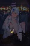  1girl absurdres alcohol bangs blunt_bangs blurry blurry_background blush cat cityscape collarbone drooling full_body girls_frontline glass green_eyes grin head_tilt highres hk416_(girls&#039;_frontline) long_hair looking_at_viewer naked_shirt panties pantyshot parted_lips petting shirt silver_hair smile solo underwear very_long_hair vincentyl whiskey 