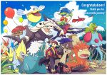  1boy aggron backpack bag balloon beanie bellossom blaziken camerupt clenched_hand clouds commentary_request day fingerless_gloves fish gen_1_pokemon gen_2_pokemon gen_3_pokemon gloves grass hat jacket kecleon looking_back male_focus manectric master_ball mightyena outdoors pants pelipper petals poke_ball poke_ball_(basic) pokemon pokemon_(creature) pokemon_(game) pokemon_rse popcorn_91 psyduck shoes sign sky smile standing swellow tentacruel walrein yellow_bag 