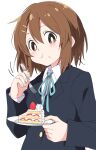  1girl brown_eyes brown_hair cake eating eyebrows_visible_through_hair food fork green_neckwear green_ribbon hair_between_eyes hand_up hirasawa_yui holding holding_fork holding_plate ixy k-on! long_sleeves looking_at_viewer plate ribbon sakuragaoka_high_school_uniform school_uniform short_hair solo 