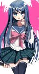  1girl :d absurdres arm_behind_back bangs black_legwear blood blood_on_wall blue_eyes blue_hair blush bow collarbone commentary_request cowboy_shot dangan_ronpa:_trigger_happy_havoc dangan_ronpa_(series) eyebrows_visible_through_hair hair_ornament hairclip hand_up highres holding holding_knife knife long_hair long_sleeves looking_at_viewer maizono_sayaka nu_(tirasinoura6) open_mouth pink_blood pink_bow plaid plaid_skirt pleated_skirt sailor_collar school_uniform serafuku shiny shiny_hair shirt skirt smile solo thigh-highs very_long_hair white_background white_shirt zettai_ryouiki 