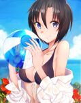  1girl absurdres ball bangs beachball bikini bikini_top black_bikini black_hair blue_eyes blue_sky blurry blurry_background closed_mouth clouds collarbone day eyebrows_visible_through_hair flower front-tie_bikini front-tie_top hair_between_eyes hibiscus highres holding holding_ball idolmaster idolmaster_(classic) kikuchi_makoto navel ocean outdoors red_flower shiny shiny_hair short_hair sky smile solo suzumo70 swimsuit upper_body 