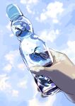  :d air_bubble bottle bubble closed_eyes clouds day donnpati eyelashes gen_4_pokemon highres holding holding_bottle mantyke o_o open_mouth outdoors pokemon pokemon_(creature) sky smile tongue water water_bottle 