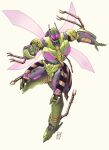  1boy 2021 absurdres antennae beast_wars beige_background clenched_hand english_commentary glowing glowing_eyes highres insect_wings lextodrawstuff looking_at_viewer mecha open_hand predacon solo transformers violet_eyes waspinator wings 