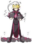  1boy alternate_color apron blonde_hair blue_eyes closed_mouth commentary_request elite_four gen_7_pokemon highres holding holding_pokemon legs_apart long_sleeves looking_at_viewer male_focus mikanbako_(aitatadon3) pants petting pokemon pokemon_(creature) pokemon_(game) pokemon_xy pyukumuku shoes short_hair siebold_(pokemon) simple_background sketch standing v-shaped_eyebrows waist_apron white_background 