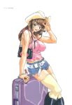  1girl arm_up bag belt black_footwear boots bracelet breasts briefcase brown_hair cowboy_hat dated earrings feet_out_of_frame handbag hat highres hoop_earrings jewelry large_breasts long_hair looking_at_viewer luggage midriff original page_number ring shiny shiny_skin shorts simple_background solo thigh-highs umetsu_yukinori waving_arm white_background yellow_legwear 