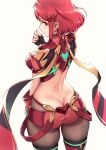  1girl armor ass back bangs black_gloves blush breasts butt_crack earrings fingerless_gloves gloves haoni headpiece highres jewelry large_breasts looking_at_viewer looking_back pantyhose pyra_(xenoblade) red_eyes red_shorts redhead short_hair shorts shoulder_armor simple_background solo super_smash_bros. swept_bangs thigh-highs tiara white_background xenoblade_chronicles_(series) xenoblade_chronicles_2 