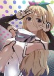  1girl alice_gear_aegis armpits bangs blonde_hair blue_eyes commentary_request double_v eyebrows_visible_through_hair flat_chest gloves hair_between_eyes hairband highres long_hair midriff miyaminami_hikari navel polka_dot polka_dot_background puripuri solo v 