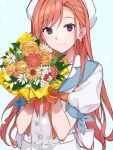  1girl arisugawa_natsuha bangs bouquet brown_hair closed_mouth dress_shirt earrings flower hair_between_eyes highres holding holding_bouquet idolmaster idolmaster_shiny_colors jewelry long_hair looking_at_viewer red_flower shiny shiny_hair shirt short_sleeves smile solo standing suzumo70 upper_body very_long_hair violet_eyes white_background white_flower white_shirt yellow_flower 