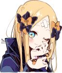  1girl ;) abigail_williams_(fate) absurdres bandaid bandaid_on_hand bangs black_bow black_jacket blonde_hair blue_eyes blush bow brown_bow closed_mouth cropped_torso crossed_bandaids fate/grand_order fate_(series) hair_bow hands_up highres jacket long_hair long_sleeves looking_at_viewer one_eye_closed parted_bangs signature simple_background smile sofra solo twitter_username upper_body white_background 