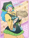  1girl apron bangs blue_hair breasts green_apron haniwa_(statue) haniyasushin_keiki head_scarf highres large_breasts magatama magatama_necklace open_mouth pink_eyes pliers polka_dot polka_dot_background smile solo space_jin tools touhou translation_request wide_sleeves wrench 